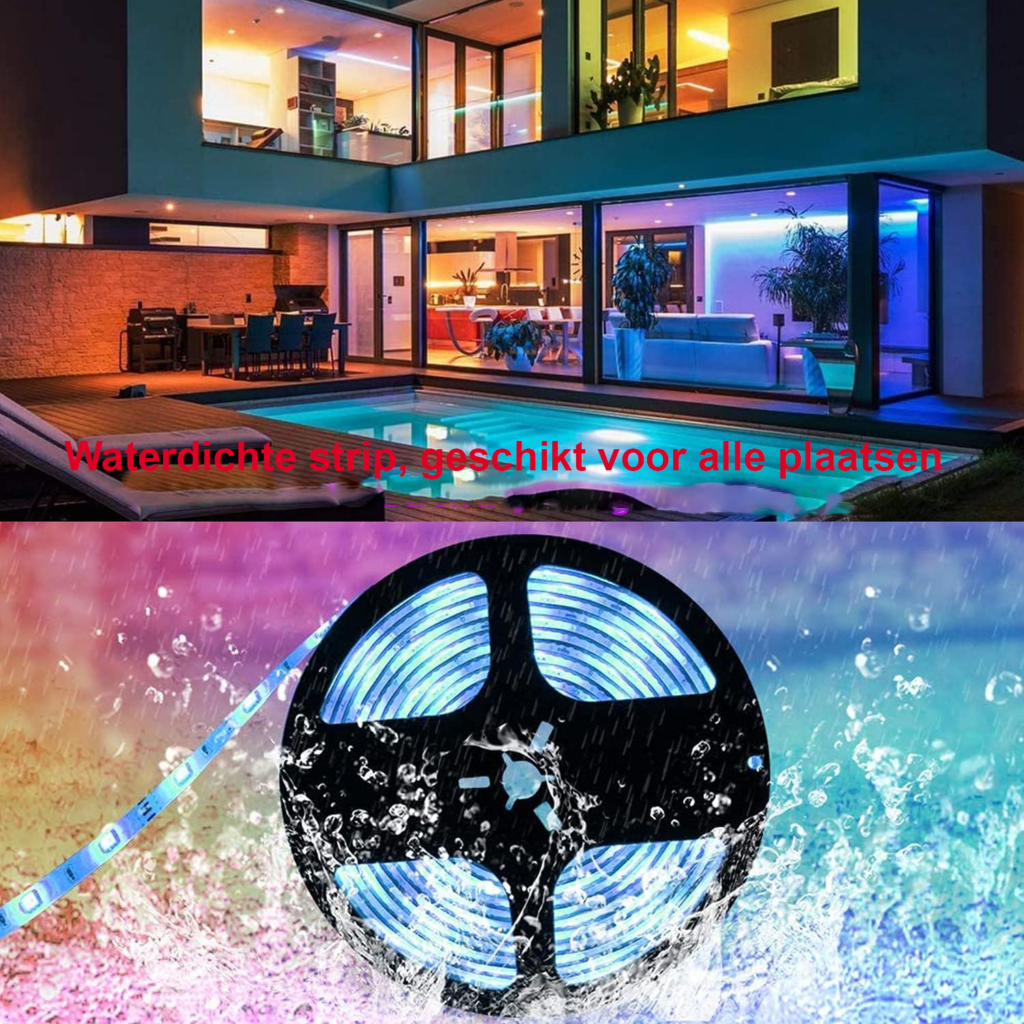 Waterdichte RGB LED strip 10 meter met Bluetooth controller en afstandsbediening, IP65 en 12V voeding