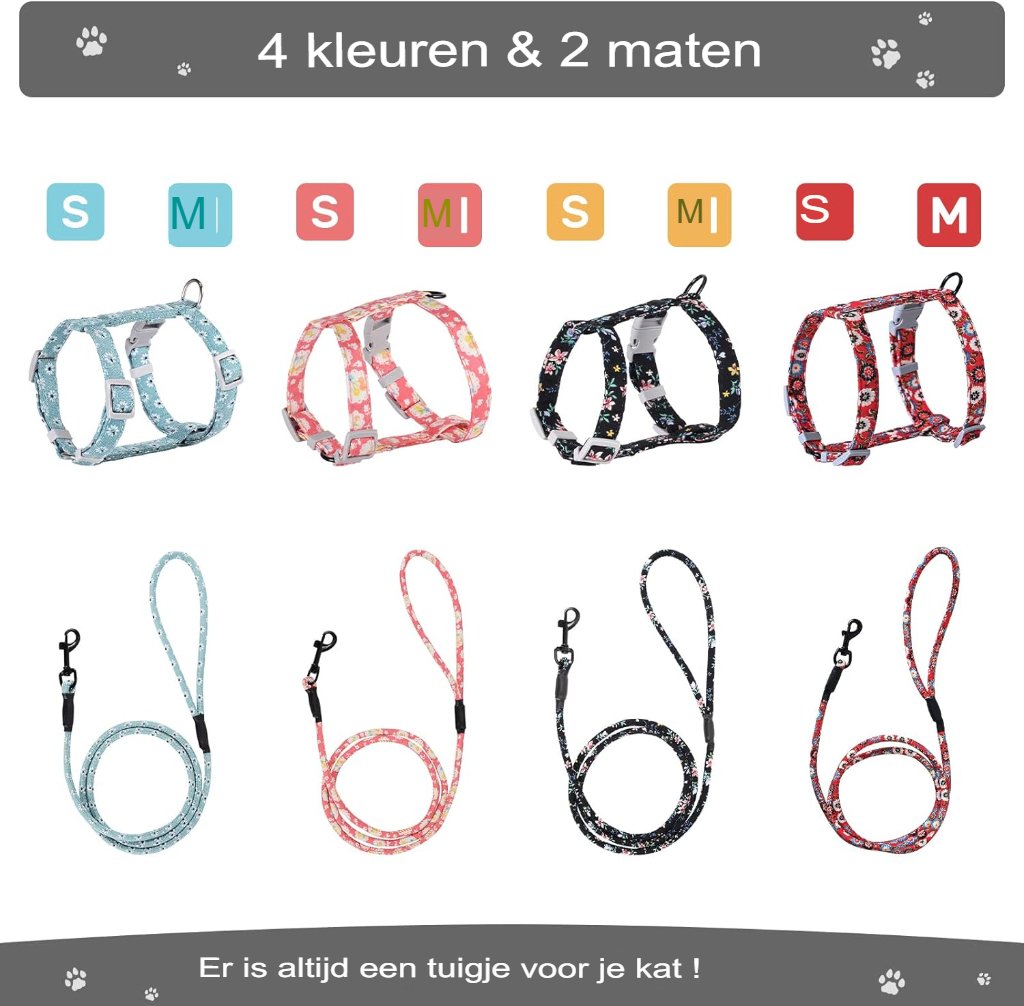 Verstelbaar roze kattenharnas met touwlijn en reflecterende strips, maat S