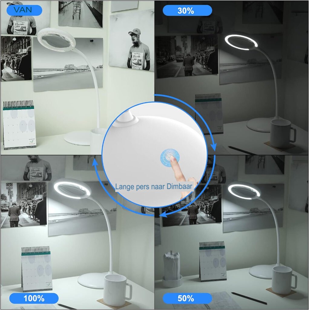 Oplaadbare vergrotingsbureaulamp met LED verlichting en vergrootglas, draadloos en met handtouch bediening
