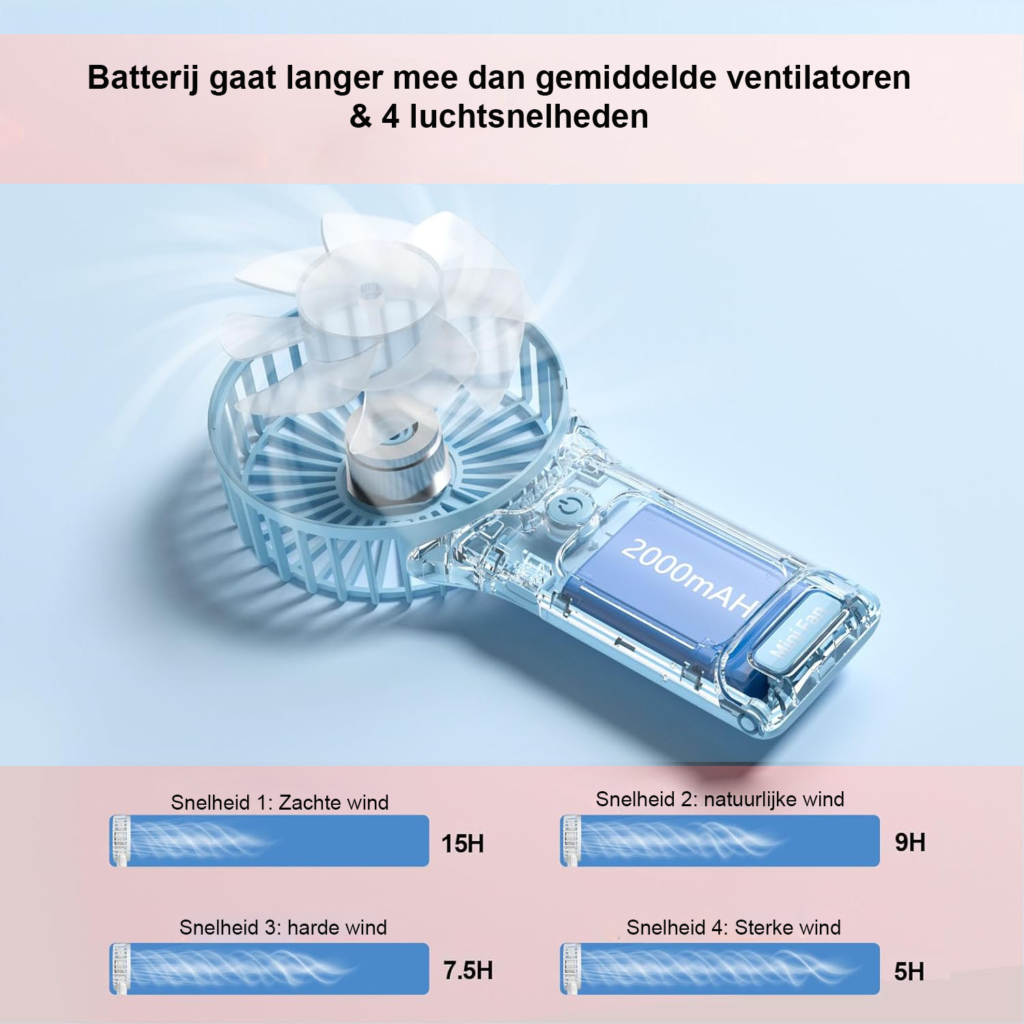 Oplaadbare handventilator met 2000mAh batterij en instelbare snelheden