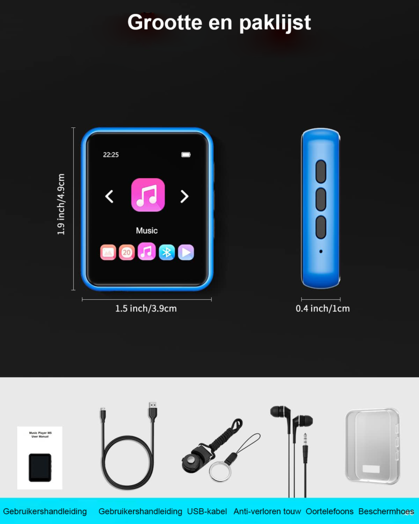 Bluetooth MP3 Speler 32GB - Digitale Muziekspeler met Touchscreen en Luidspreker - FM Radio en Opname - Ondersteuning tot 128GB