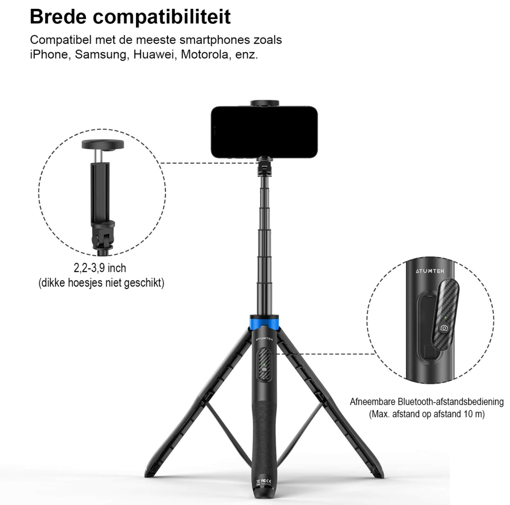 Uitschuifbaar smartphone statief met Bluetooth afstandsbediening, 360° rotatie en 1,3 m hoogte