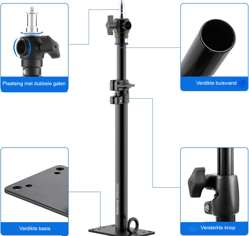 Muurbeugel met verstelbare arm 35-55 cm voor wand- en plafondmontage, 180° draaibaar met 1/4 en 3/8 adapter