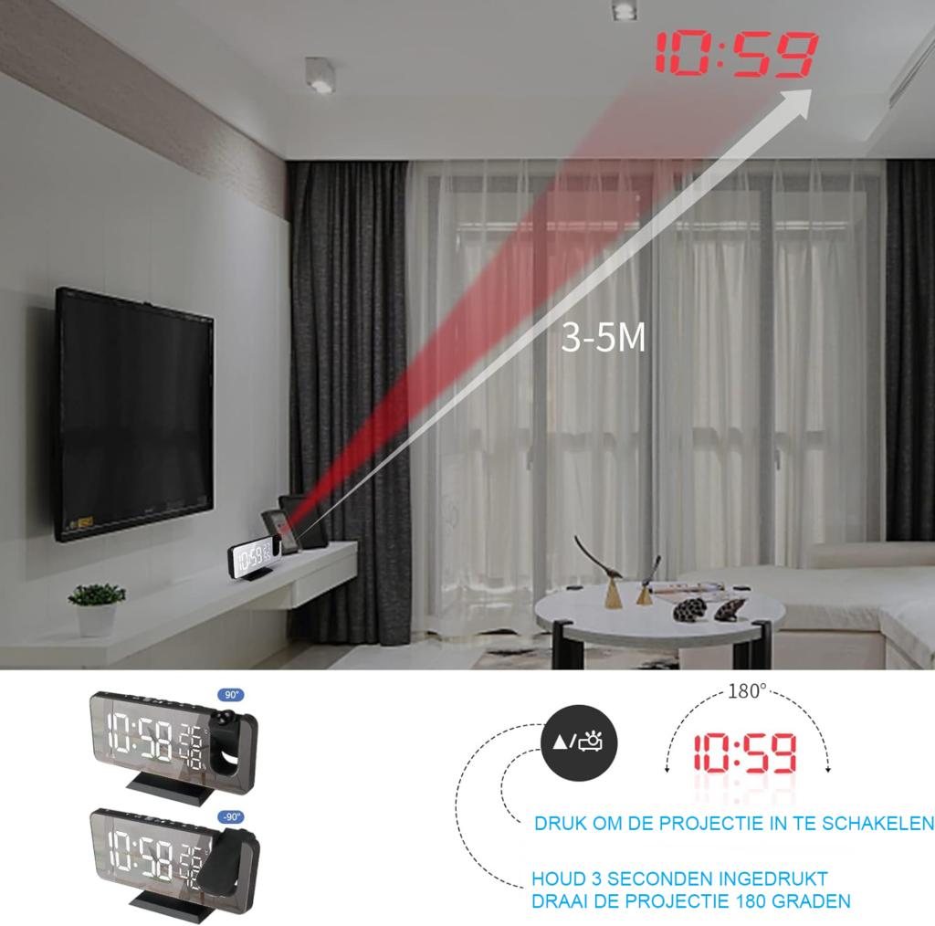 Wekkerradio met projectie en FM radio, dubbel alarm en licht