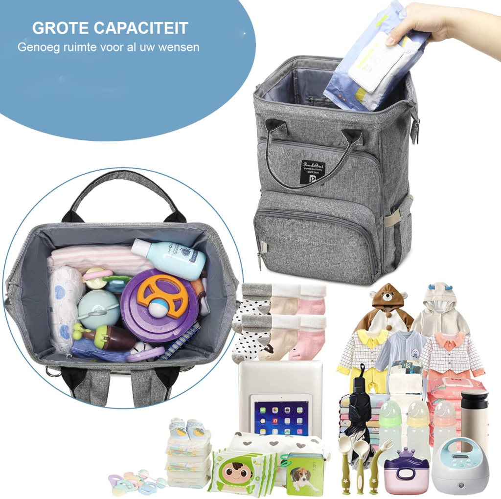 Baby luiertas rugzak zwart met luierveld, waterafstotende verzorgingstas voor onderweg