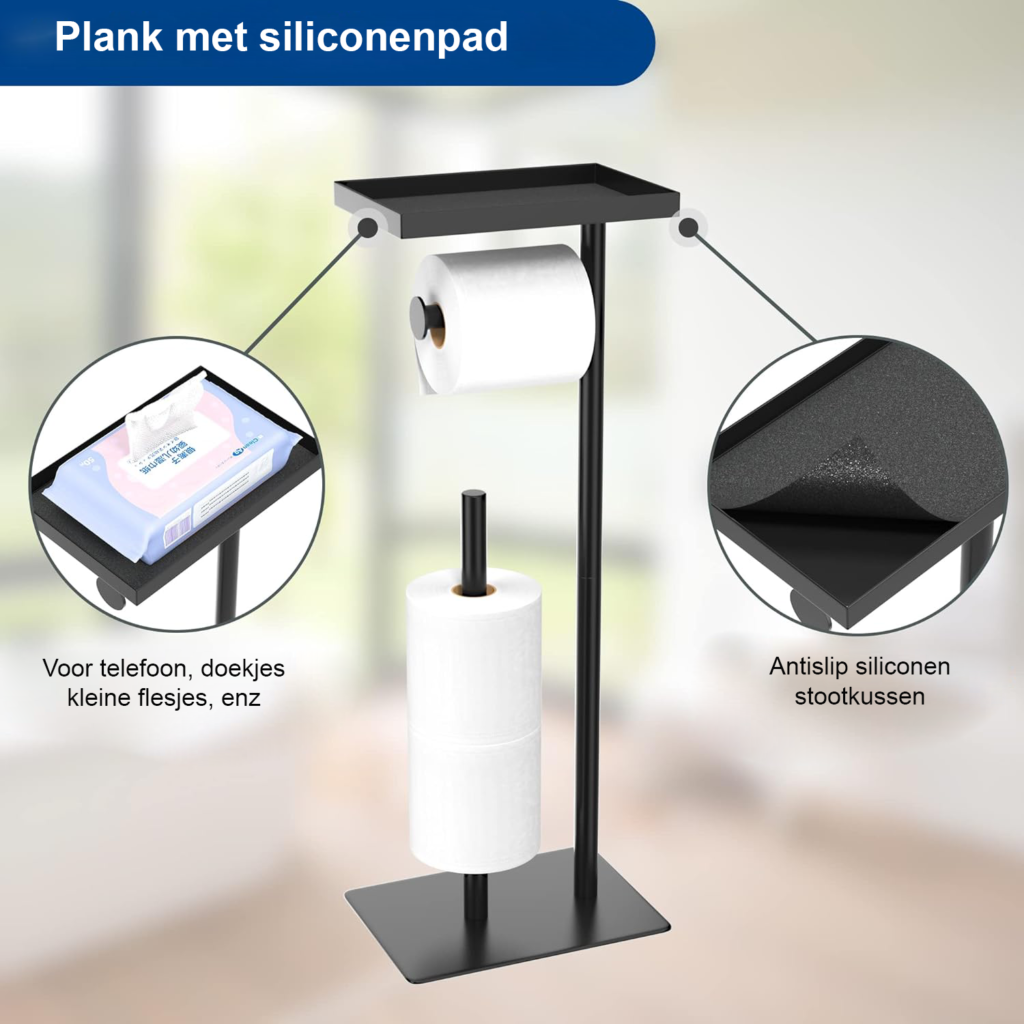 Moderne vrijstaande toiletpapierhouder met opbergruimte van roestvrij staal