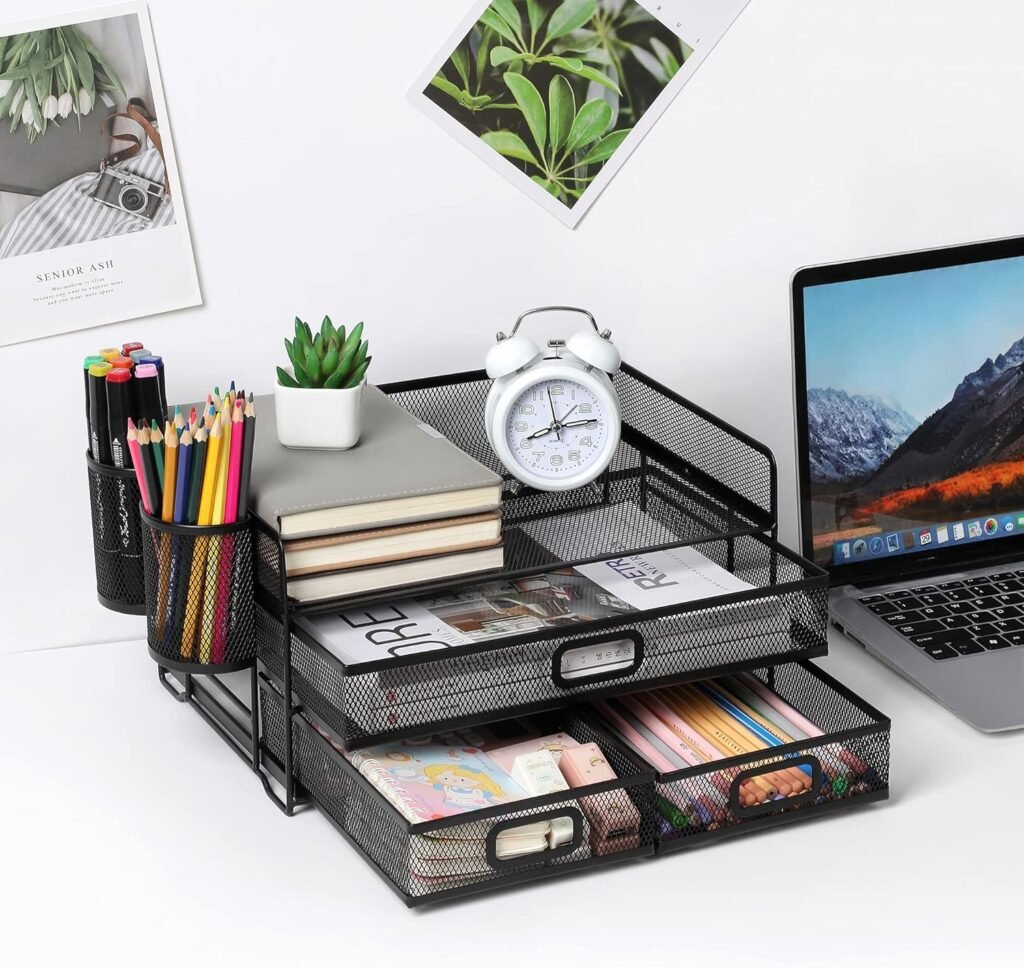 Desktop organizer zwart met meerdere vakken voor documenten en kantoorbenodigdheden