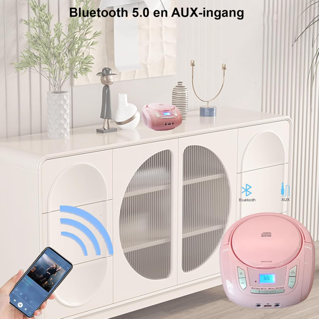 Draagbare roze CD-speler met Bluetooth, FM-radio, USB en AUX-aansluiting