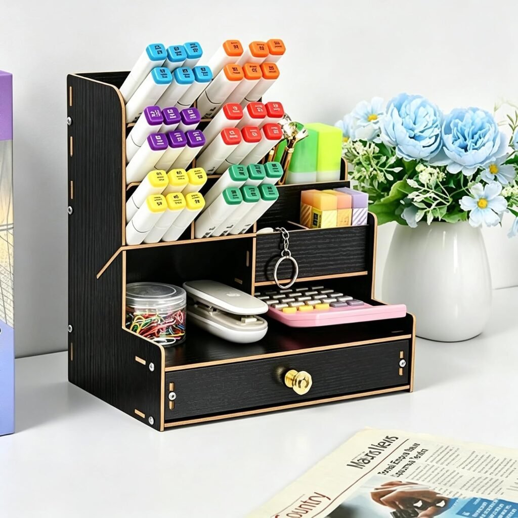 Houten bureau organizer van zwart hout met pennenhouder en opbergvakken