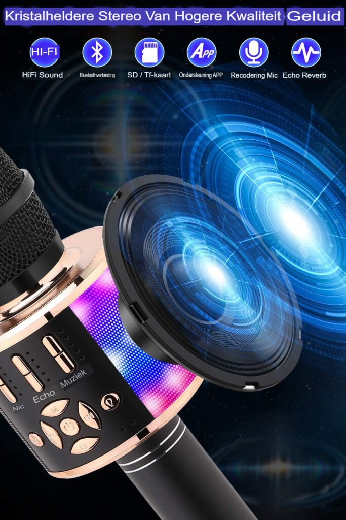 Bluetooth karaoke microfoon met LED-verlichting en ingebouwde speakers voor smartphones en tablets