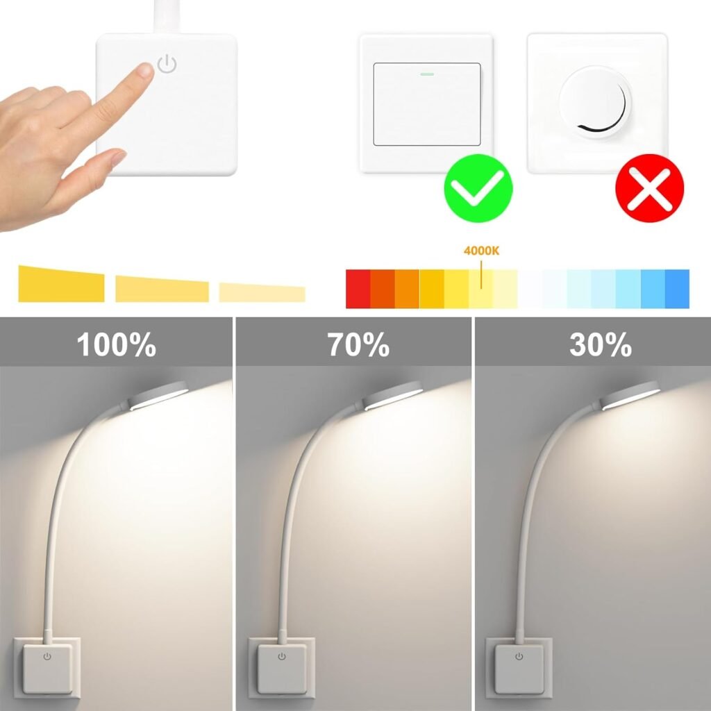 Nachtlampje voor stopcontact met schakelaar, instelbare helderheid en compact wit design