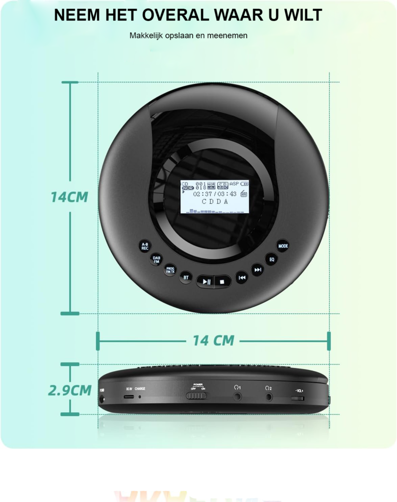 Draagbare CD-speler met DAB/FM-radio - Bluetooth Discman met Audioboekfunctie - Anti-schokbescherming - 2000mAh Batterij