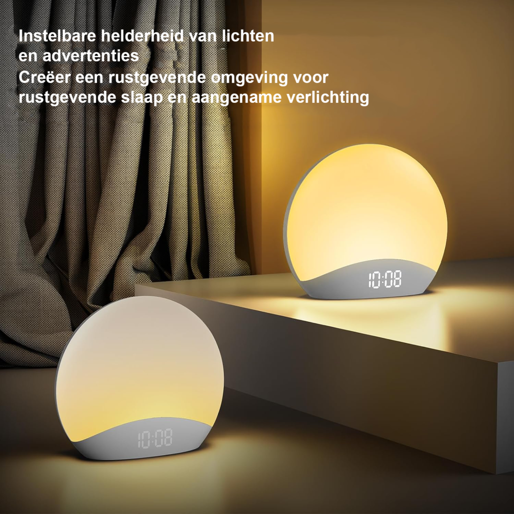 Lichtwekker met 3 alarmgeluiden - Wekker met zonsopgangsimulatie - Nachtlamp met 7 kleuren - 20 natuurlijke slaapliedjes