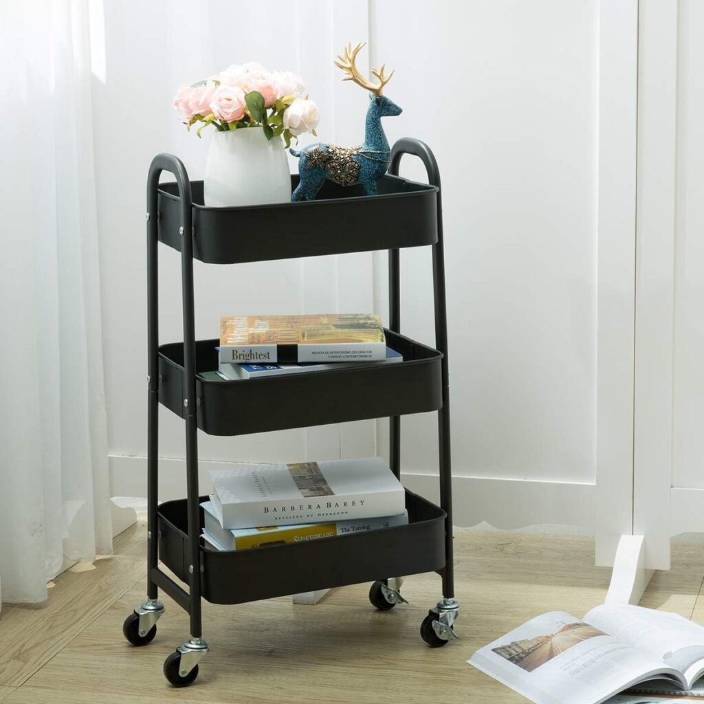 Opbergwagen 3 planken met wielen marineblauw 60 x 30 x 80 cm