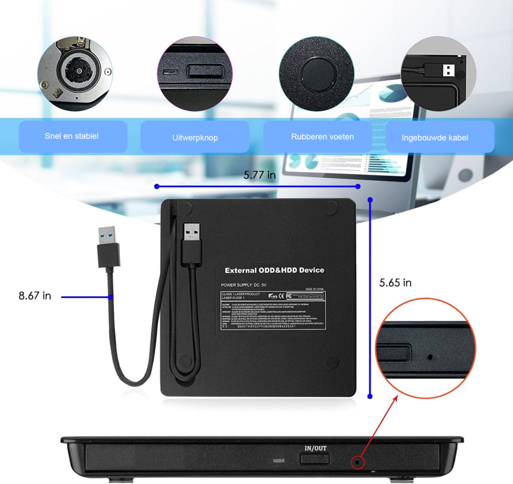 Externe CD DVD Drive - USB 3.0 en USB-C CD DVD Brander en Lezer - Draagbare DVD Speler - Windows, MacBook en Linux-compatibel
