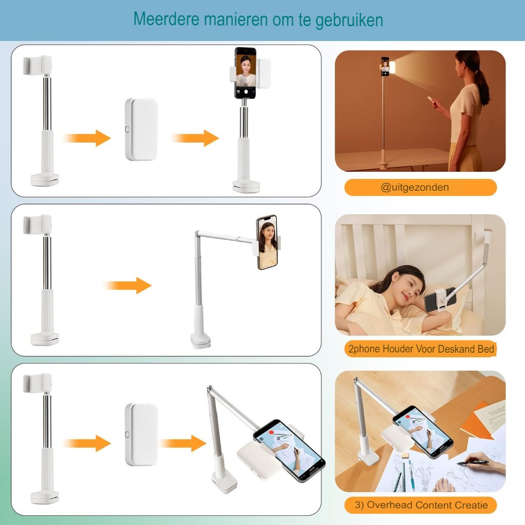 Telefoonhouder met LED-ringlicht en scharnierende arm voor smartphone, flexibel statief voor handsfree gebruik