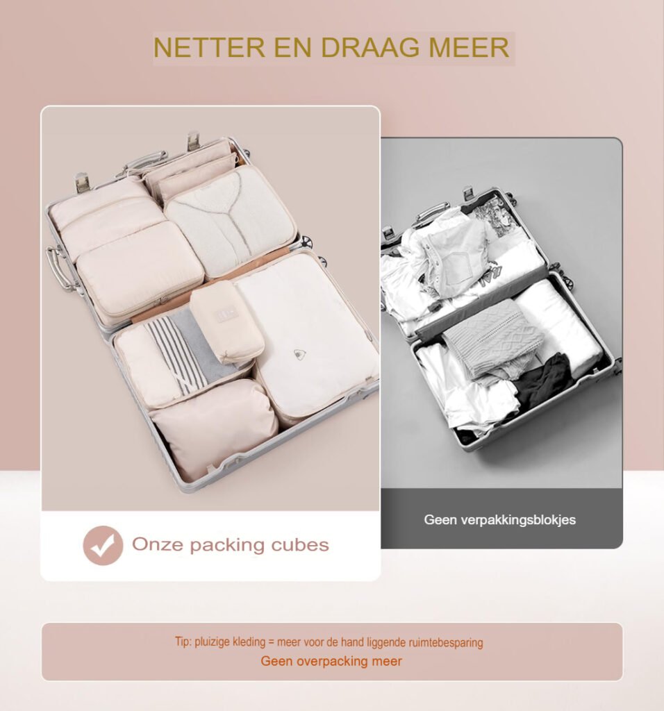 Koffer Organizer Set 9 Delig - Reisbagage Opbergzakken - Bagage Kubussen - Voor Vakantie, Zakenreizen en Kamperen - Beige