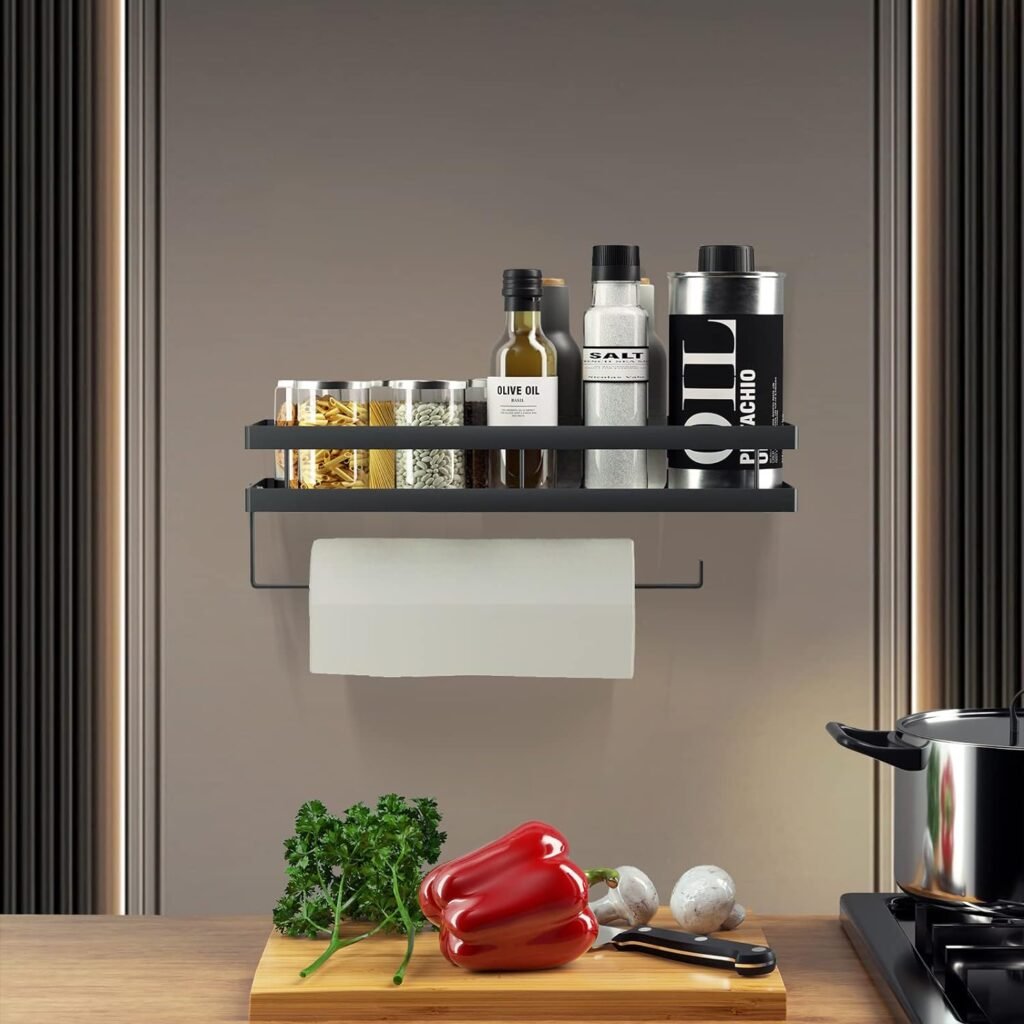 Kruidenrek Set van 2 - Wandplank Zonder Boren - Hangend Kruidenrek met Keukenrolhouder en 4 Haken - 35 cm Zwart