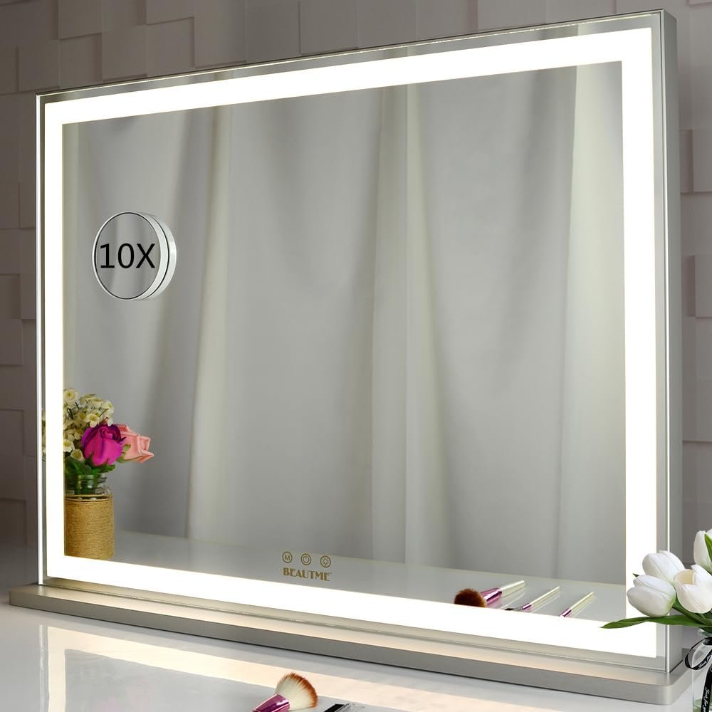 Make-upspiegel met LED-achtergrondverlichting, Hollywood-stijl, verstelbare helderheid, wand- of tafelmodel, 56,2 × 72 cm