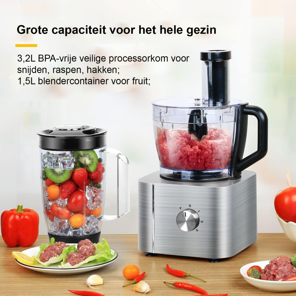 Foodprocessor RVS - Handmatige Voedselverwerker voor Hakken, Snijden en Malen - Inclusief Snijbladen en Opzetstukken - Zilver