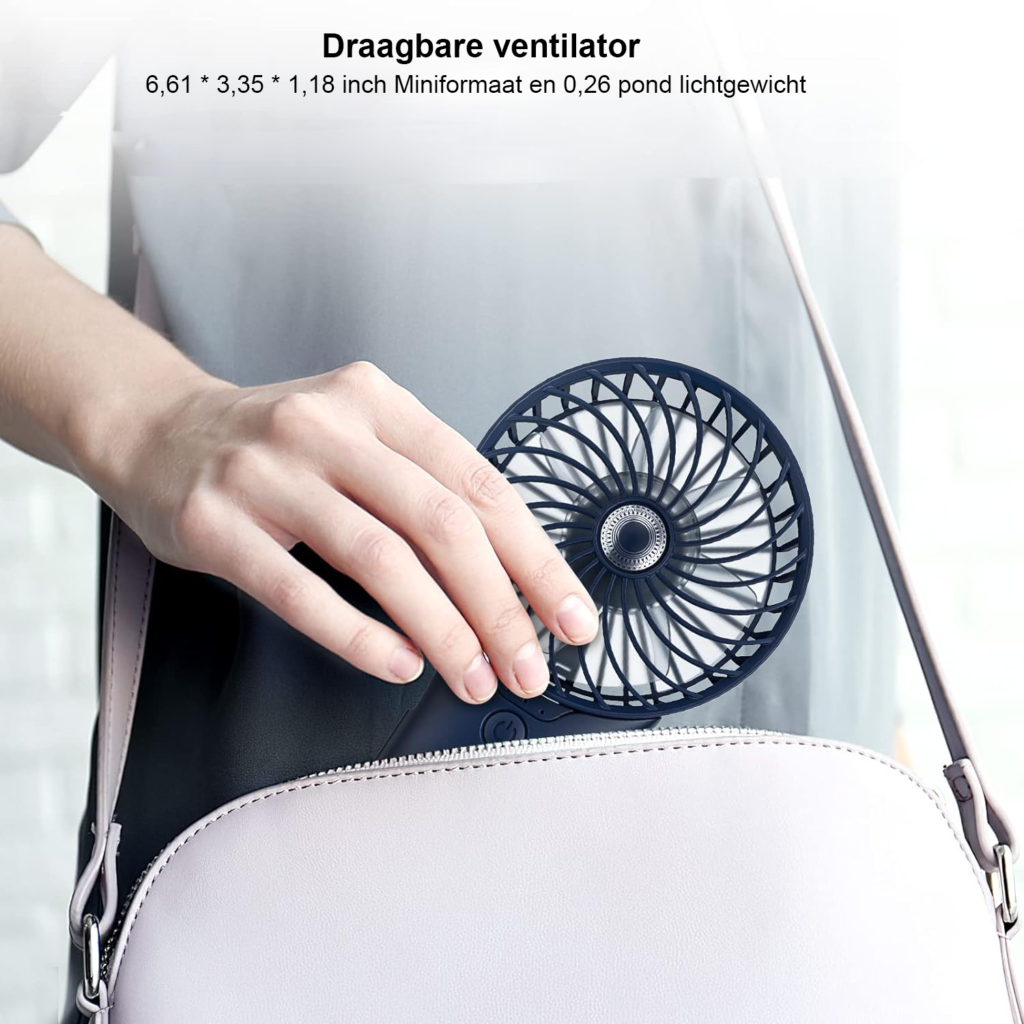 Mini draagbare handventilator met spiegel, USB-oplaadbaar, 4 snelheden en 2000 mAh batterij, lichtblauw