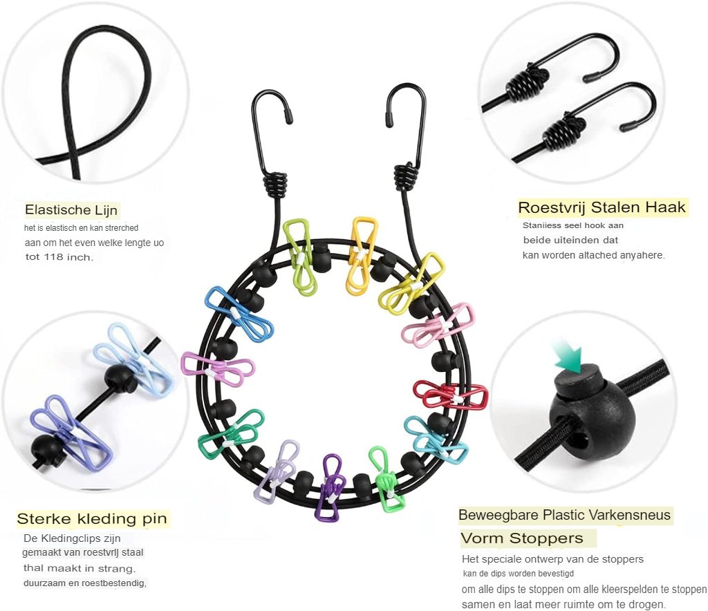 Uittrekbare Waslijn - Draagbare Kledinglijn met 12 Kledingclips - Voor Reizen en Kamperen - Binnen- en Buitenwaslijn