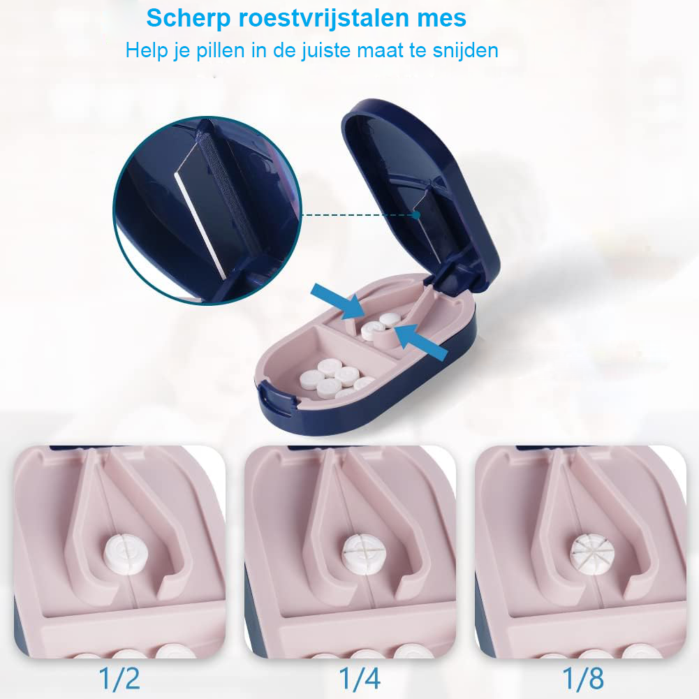 Pillensnijder en Pillenverdeler - Pillendoos met Opbergvak - Handig voor Ouderen en Onderweg - Compact Formaat