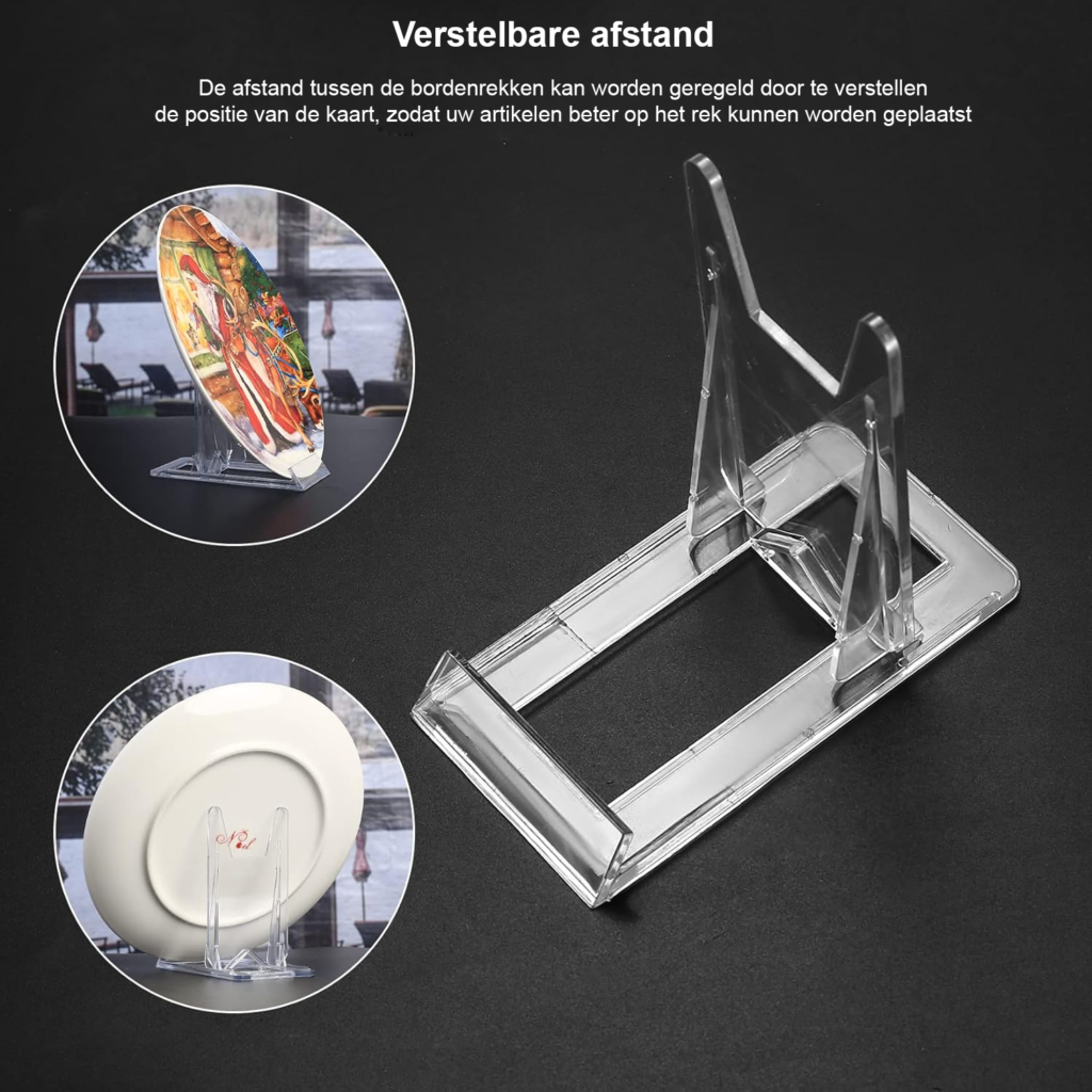 Transparante plaatshouders set van 8 kunststof displaystandaards voor decoratie en presentatie