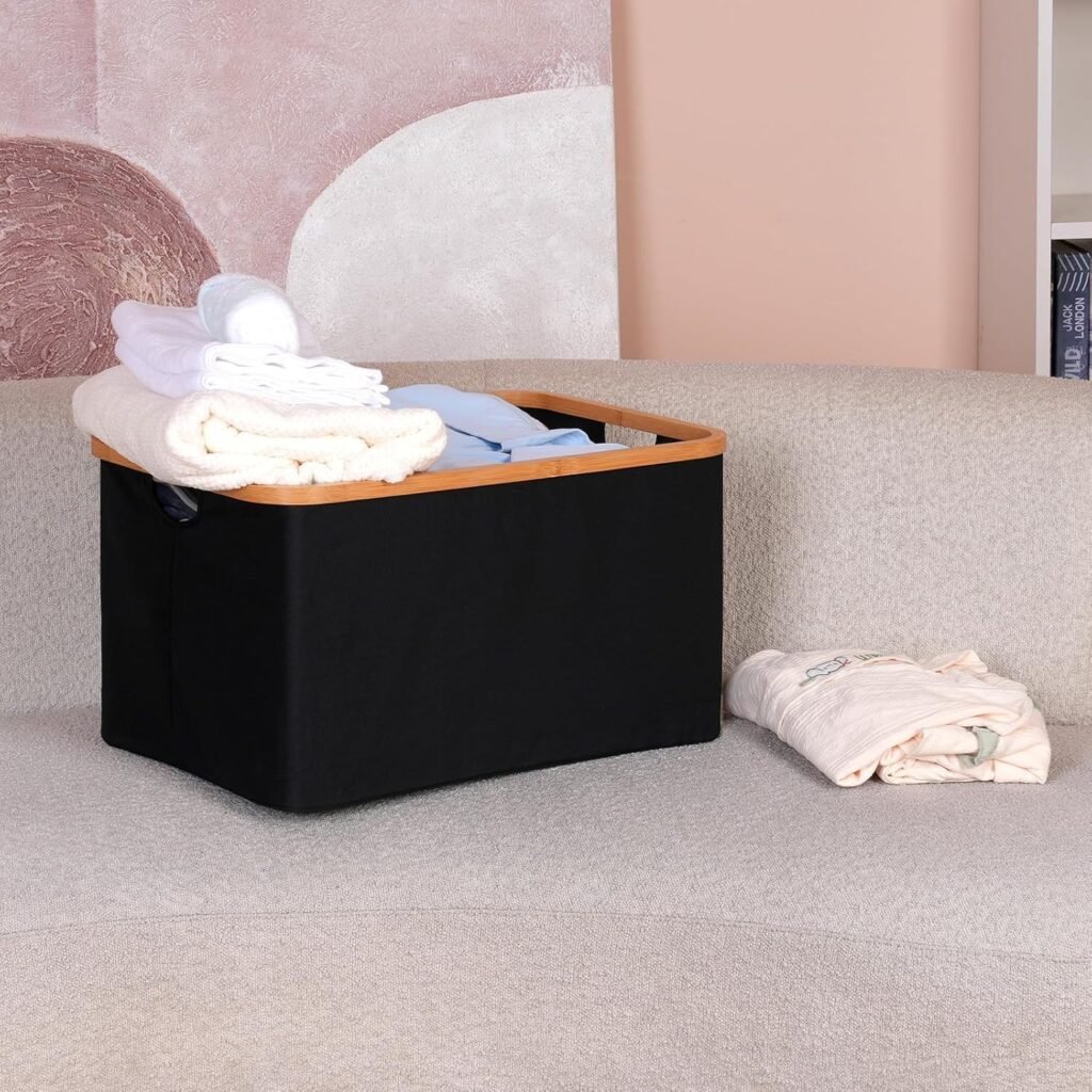 Opvouwbare Wasmand 60 Liter Zwart - Bamboe Wasmand met Stof - Vouwbare Opbergmand voor Slaapkamer en Badkamer