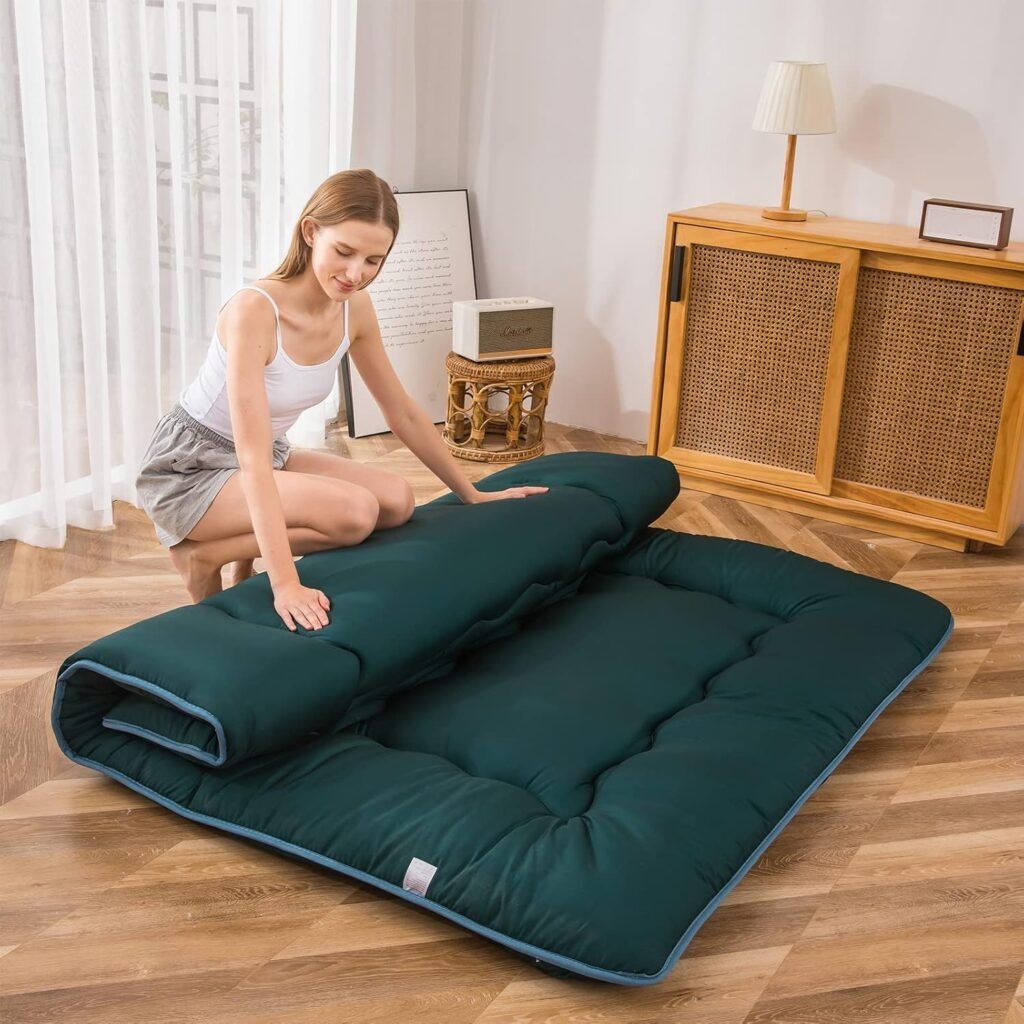 Gequilte futon matras extra dik lichtgroen single - opvouwbare Japanse slaapmat voor logeren en camping