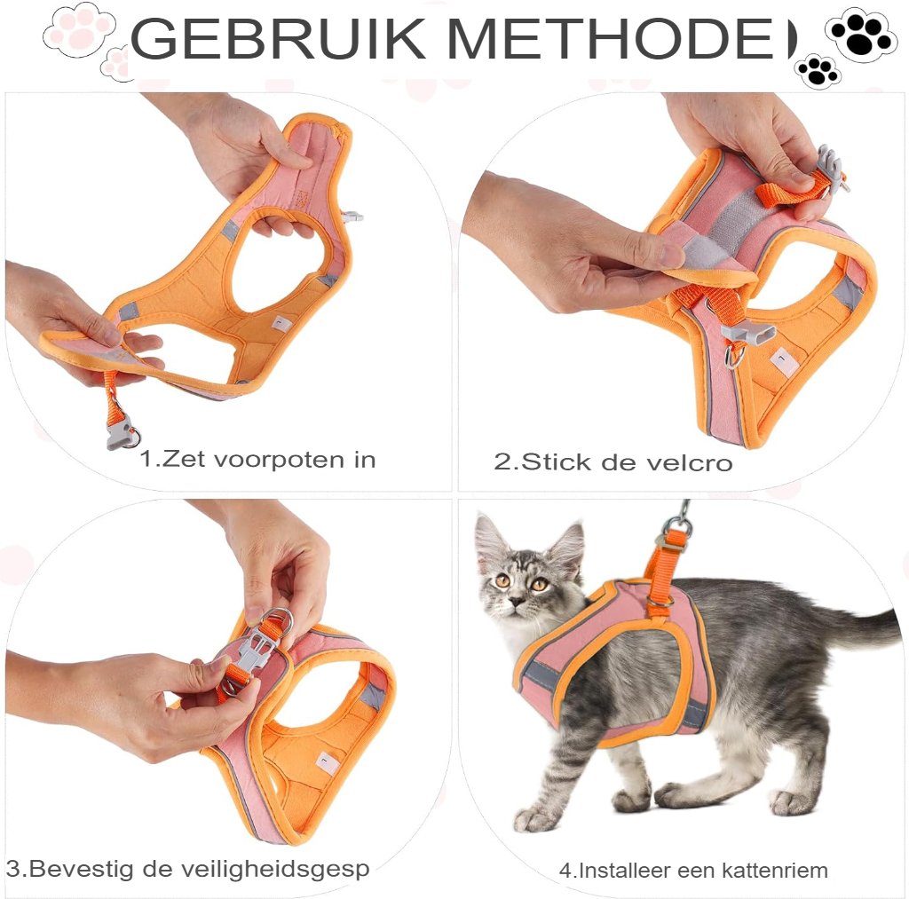 Verstelbaar kattentuigje maat S oranje met reflecterende strips en anti-ontsnappingsontwerp