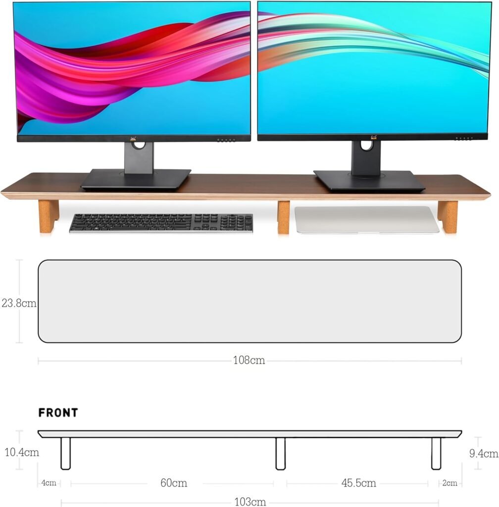 Monitorstandaard Verstelbaar voor Grote Computerschermen - Ergonomische Bureauverhoger met Opbergruimte - Hout - 108,5 x 24 x 10,5 cm