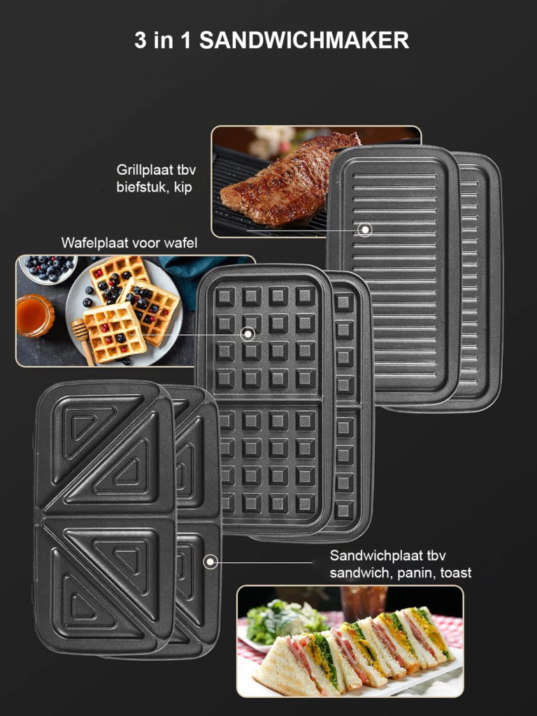 Multifunctioneel wafelijzer met verwisselbare platen en instelbare temperatuur