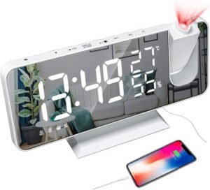 Projectie wekker met spiegeloppervlak, digitale LED-display, dubbel alarm, FM-radio en USB-oplaadpoort