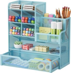 Bureau Organizer met Lade – Pennenhouder met Mesh Ontwerp – Multifunctionele Bureau Opberger – Voor Kantoor en Thuis, Blauw