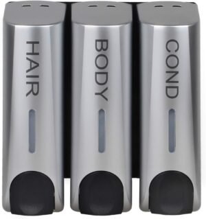 Zilveren zeepdispenser set met 3 vakken voor douche en badkamer, geschikt voor zeep, shampoo en conditioner