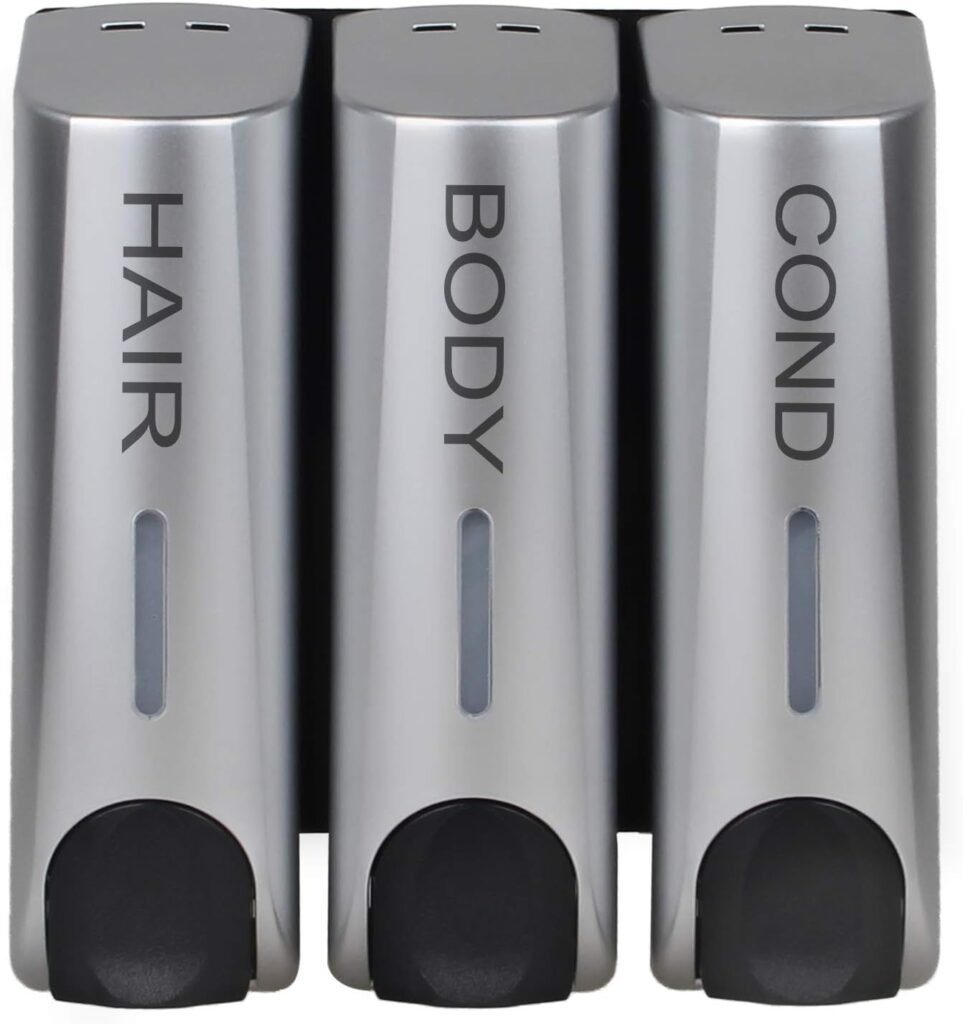 Zilveren zeepdispenser set met 3 vakken voor douche en badkamer, geschikt voor zeep, shampoo en conditioner