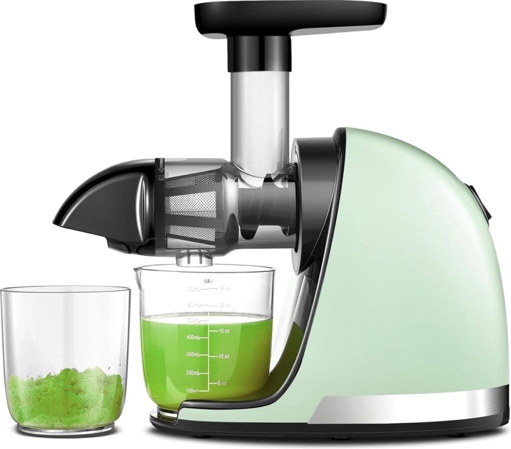 Koudpers slowjuicer mintgroen voor groenten en fruit met 2 bekers en borstel