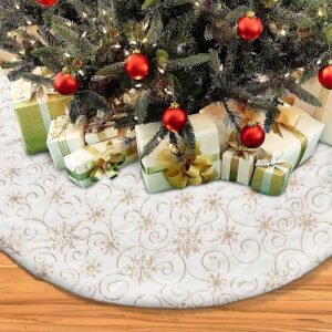 Kerstboomrok 122 cm van luxe kunstbont in wit en goud met sequins, sneeuwvlokken en wijnrank ontwerp