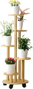 Bamboe Plantenrek met Wielen 90 cm – 5-Laags Bloemenrek – Trapvormig Plantenmeubel voor Binnen en Balkon – Ø19 cm Plantenplateaus