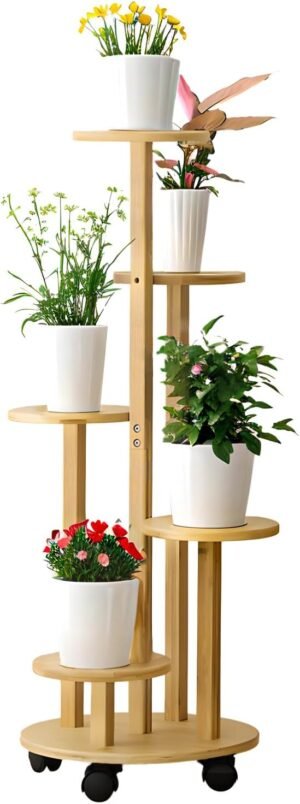 Bamboe plantenrek met wielen, 5 lagen, 90 cm hoog, voor binnen, balkon en tuin