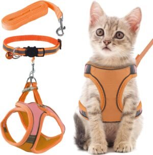 Verstelbaar kattentuigje maat S oranje met reflecterende strips en anti-ontsnappingsontwerp
