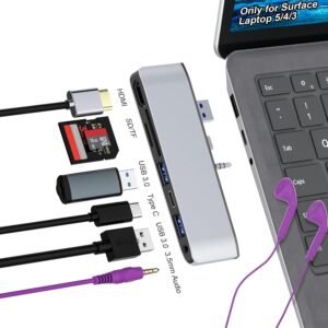 Surface docking station 7-in-1 hub voor Microsoft Surface Laptop 3, 4 en 5 met 4K HDMI, USB 3.0, Ethernet en TF-kaartsleuf