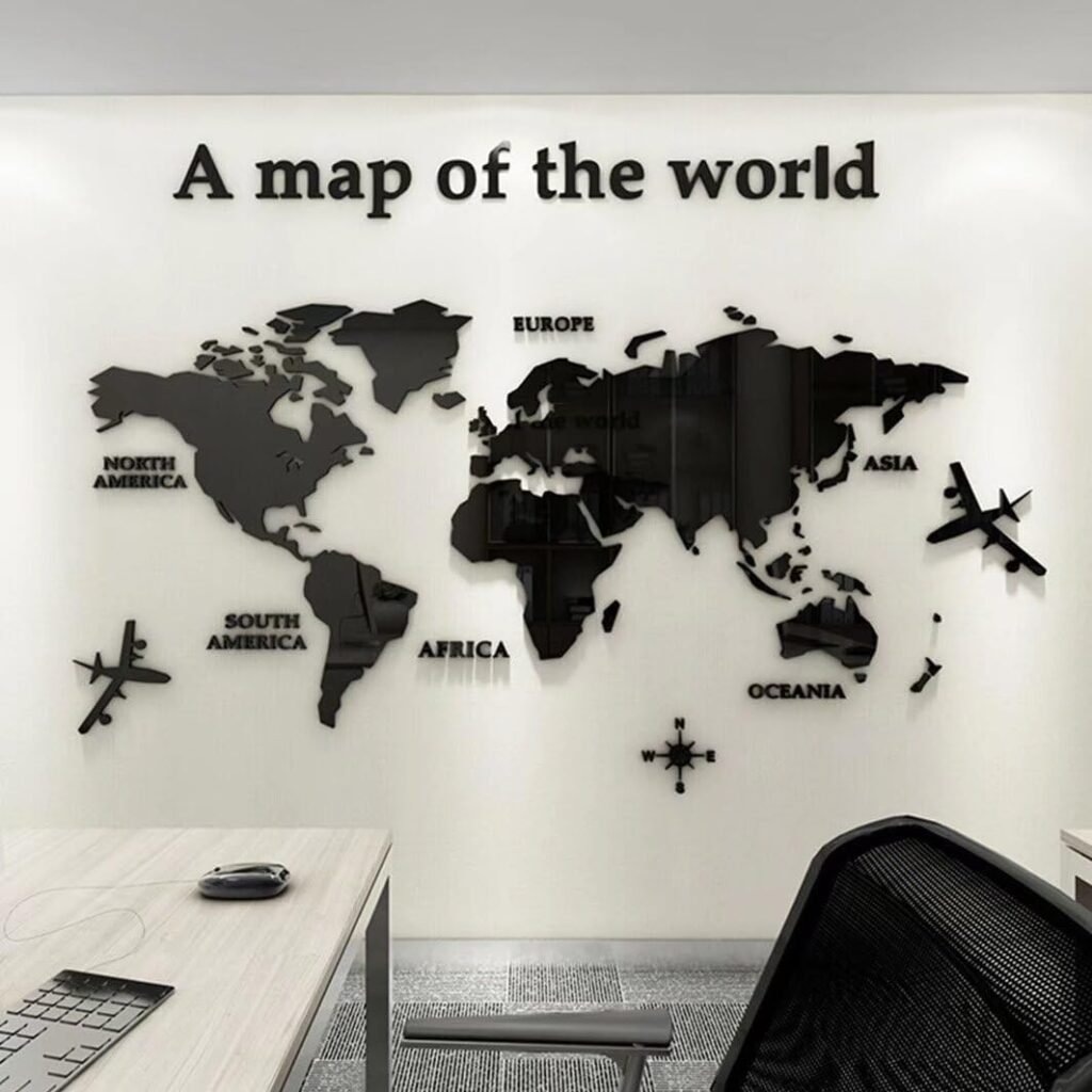Wereldkaart muursticker zwart 120 x 60 cm met gedetailleerde wereldkaart