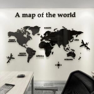 Wereldkaart muursticker zwart 120 x 60 cm met gedetailleerde wereldkaart