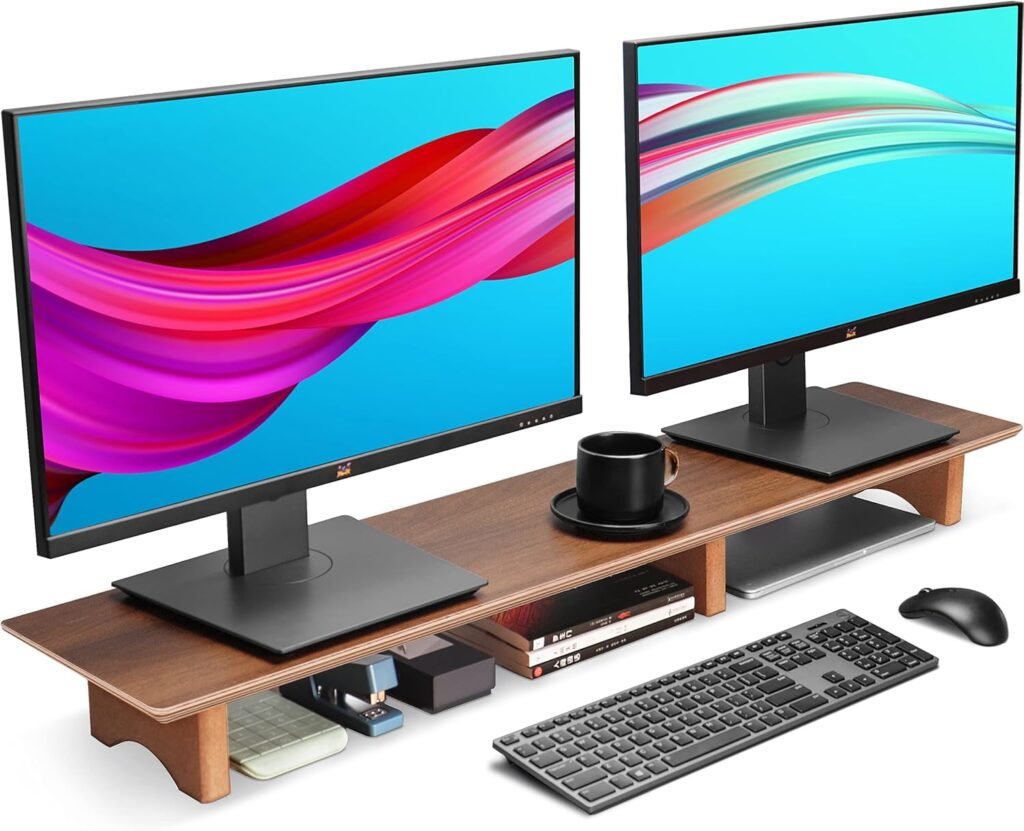 Verstelbare monitorstandaard van zwarte walnoot voor grote computerschermen, ergonomische bureauverhoger voor optimale werkruimte