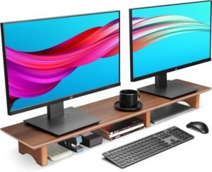 Verstelbare monitorstandaard van zwarte walnoot voor grote computerschermen, ergonomische bureauverhoger voor optimale werkruimte