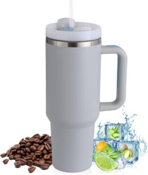 Thermosbeker 1200 ml met rietje en handvat van roestvrij staal, lichtgrijs