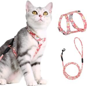 Verstelbaar roze kattenharnas met touwlijn en reflecterende strips, maat S