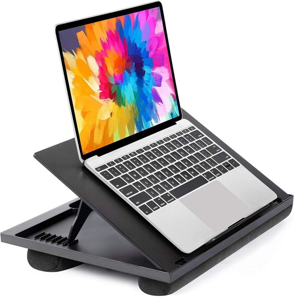 Verstelbare laptopstandaard met kussen, opbergvak en verstelbare hoogte voor thuis, kantoor en onderweg
